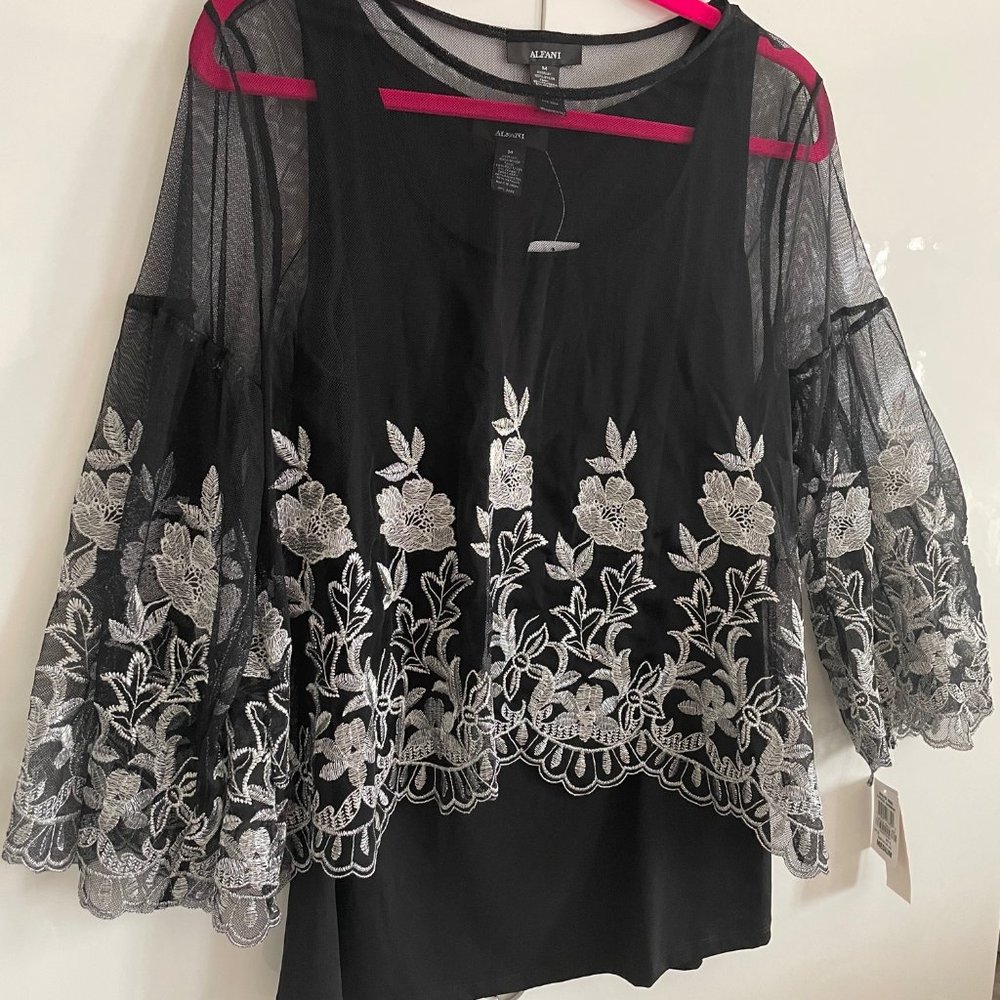 NWT Alfani Medium 2-piece elegant black blouse set with nylon overlay.